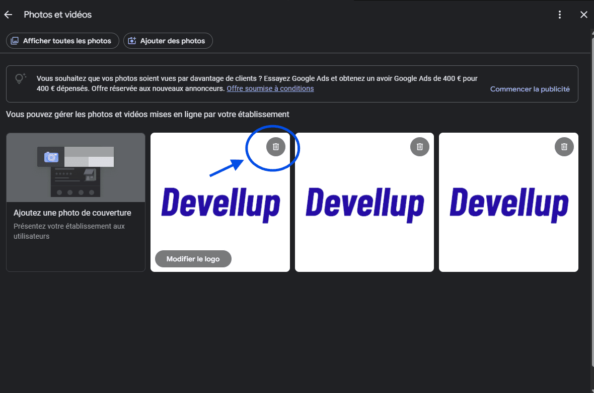Interface de suppression des photos