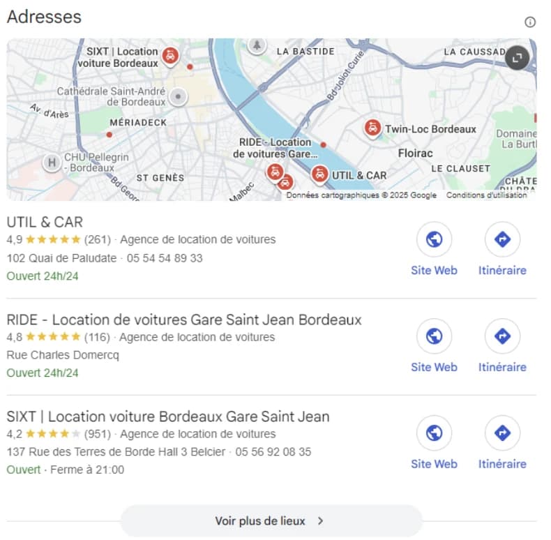 Résultat Google pour « location voiture bordeaux » : trois fiches affichées, puis un bouton « Voir plus de lieux » qui masque les suivantes