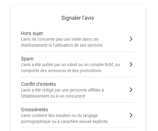 Liste des motifs de signalement d'un avis Google