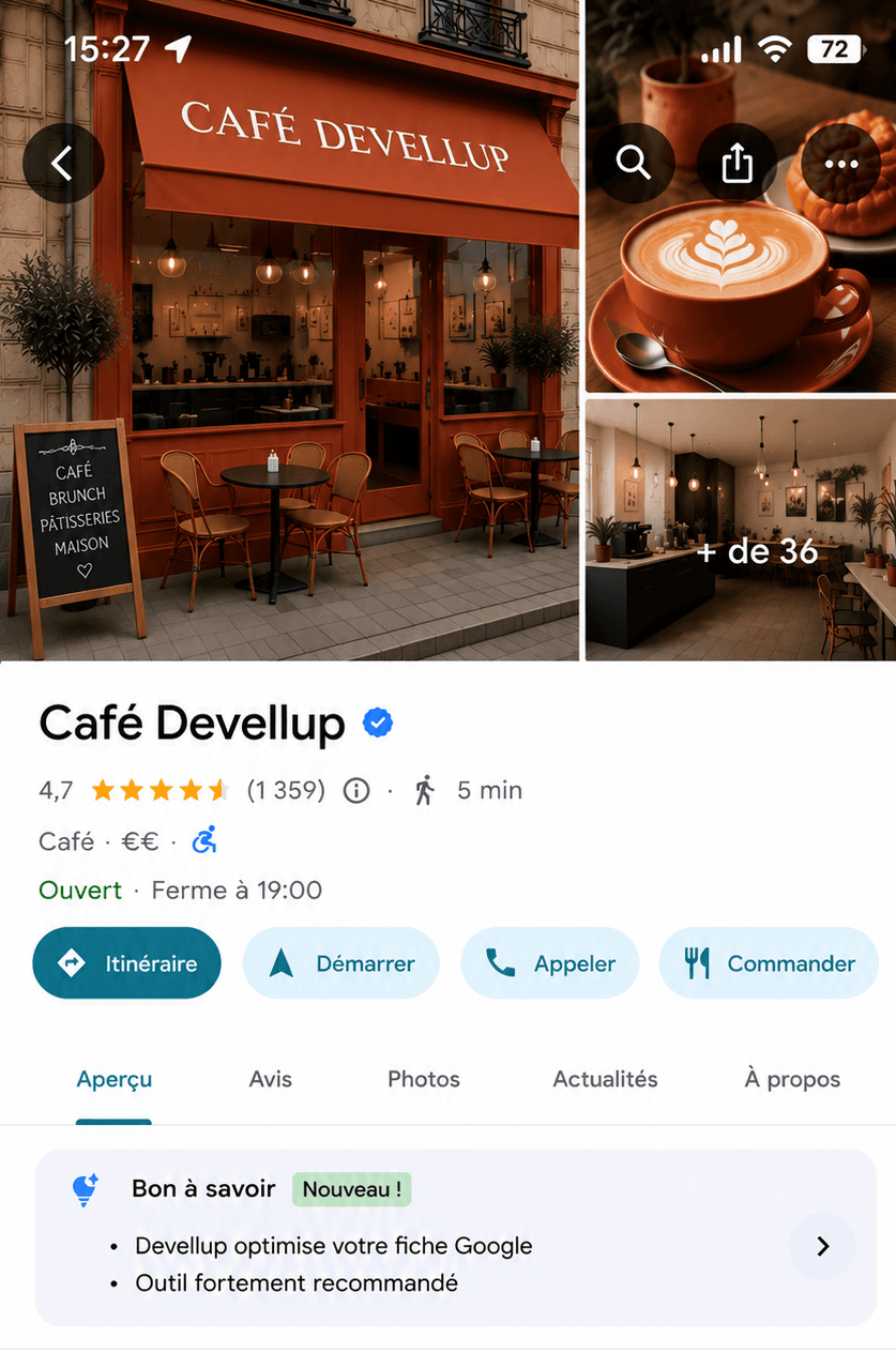 Fiche Google du Café Devellup sur mobile : photos, note 4,7, avis et boutons d'action