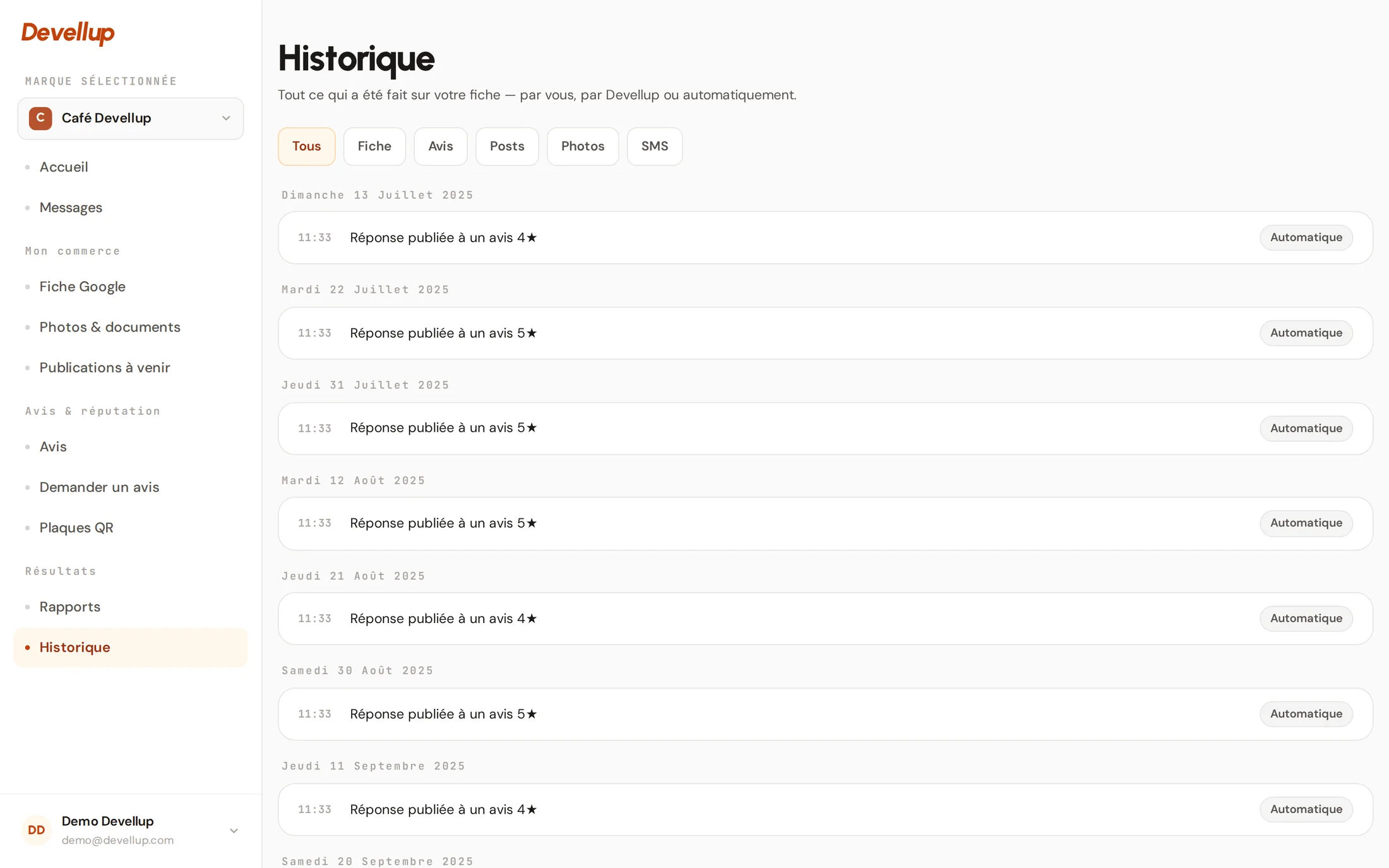 Écran Devellup : l'historique de tout ce qui a été fait sur la fiche, jour après jour