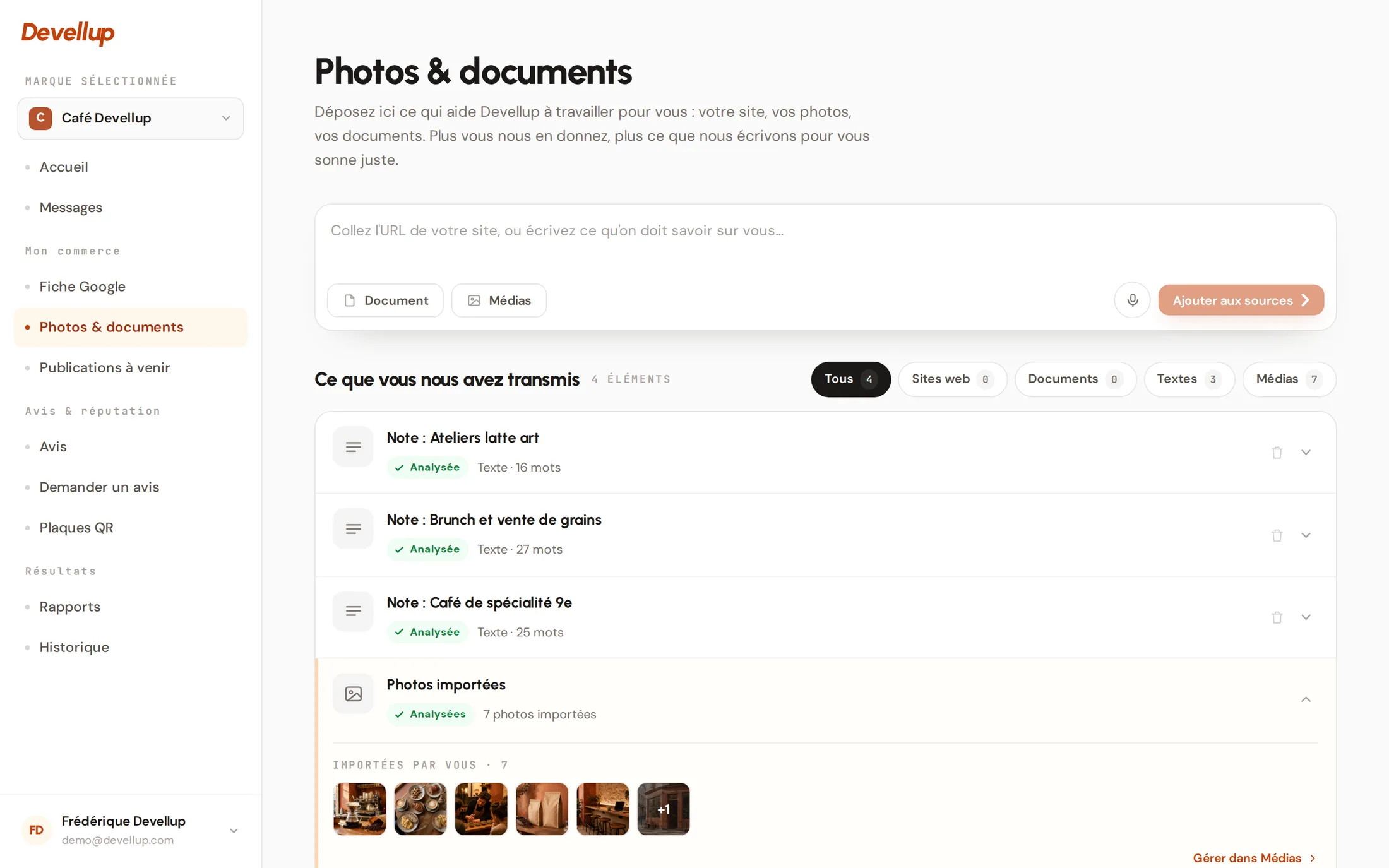 Écran Devellup : le dépôt de photos, vidéos et documents du client, avec les photos importées et analysées